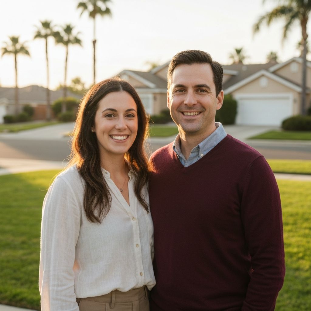 Andrei and his wife, founders of Roman Home Solutions, standing in front of a home in the Inland Empire