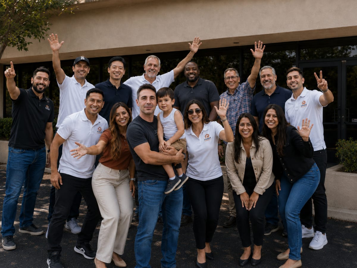 The Roman Home Solutions team smiling and waving together in front of their Inland Empire office